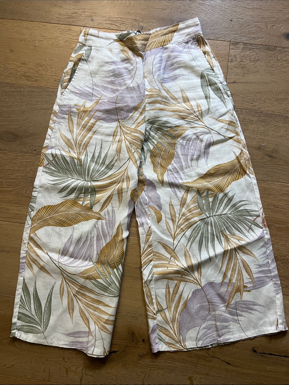 Cream Tropical Leaf Print Wide-Leg Pants with Lavender, Mustard & Sage Accents